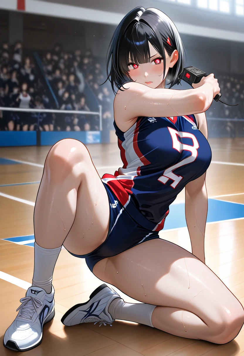 Japanese 13-year-old woman Skin Both arms raised Bob Hair Armpit sweat Volleyball practice squat Angle from directly below Sweat dripping from the crotch My crotch is very wet with sweat Steam is coming out again Sweat is overflowing and dripping from my crotch Mouth half open and drooling The crotch is sheer