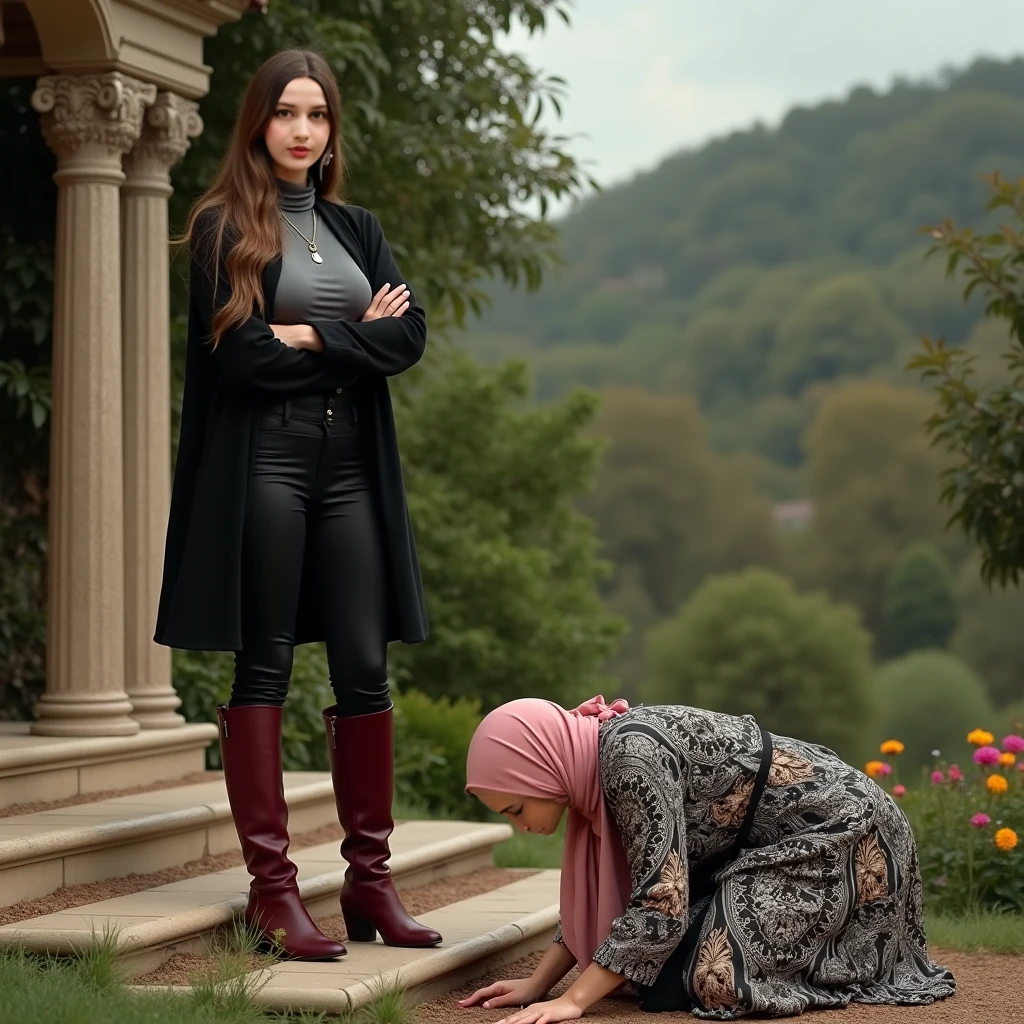 With headscarf, veiled and wearing red high heels, A woman with a whip in her hand and a collar of a man lying at her feet in the other hand is sitting in Tokat province. In the sky " Queen Salome" writes. Female dominant. There are naked male slaves kneeling in front of you. The woman is completely covered, only her eyes are visible..