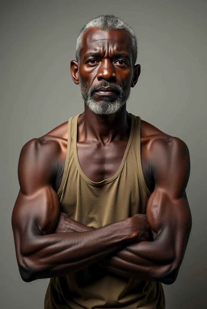 "He is a dark-skinned Black man. His height commands respect, as he is a tall man. At 70 years old, he remains in great physical shape, being a dedicated volleyball coach. His physique is athletic, and he sports a thin mustache that complements his strong and imposing appearance."