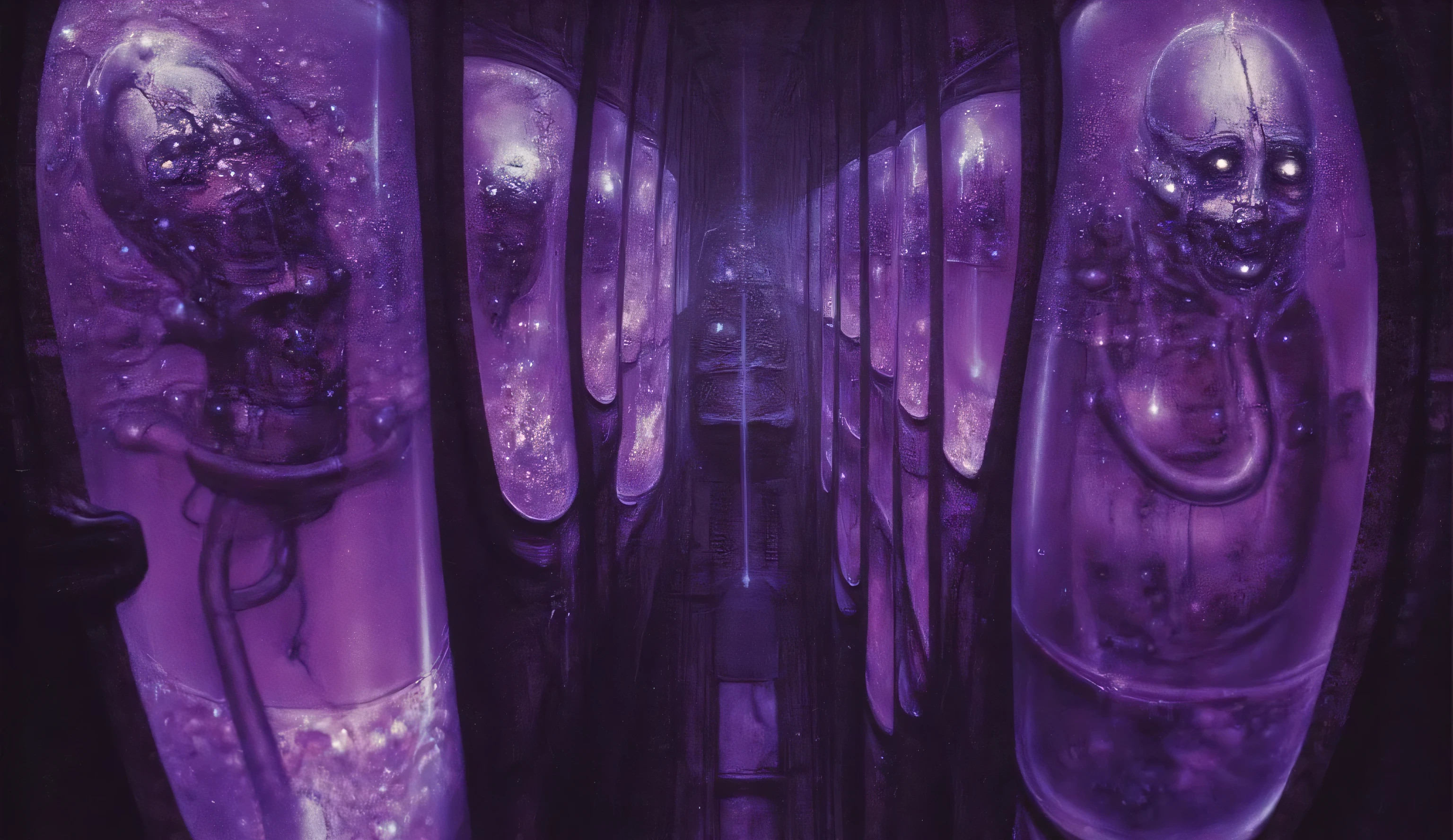 A wall full of capsules full of purple liquid. these capsules contain the embryos of ren. They are ugly and mutant. capsules are built into the walls. horror