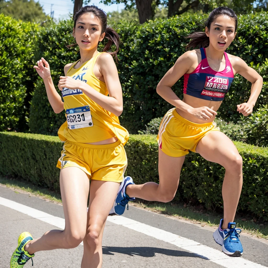 highest quality，masterpiece，Very detailed, 8k，a  beautiful Japanese woman:1.5, blunt bangs, Black hair ponytail, Small face, (Detailed sprint uniform:1.5),　Ecstatic expression、　((Woman standing at the starting line:1.5, Breast Augmentation Surgery))、　height:174cm