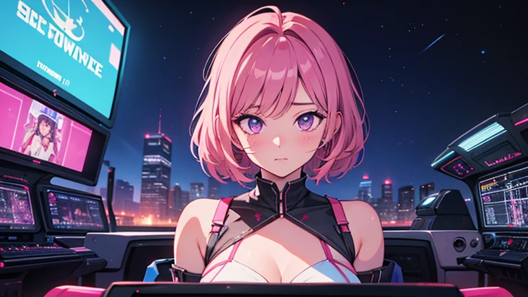 make anime girl in night, girl have big tits, she is siting on the car