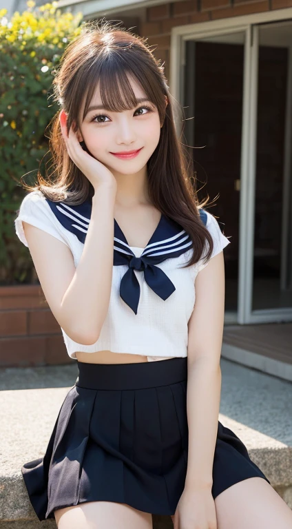 (masterpiece、top-quality:1.2), 超A high resolution, (Photorealsitic:1.4), Detailed skin, lighting like a movie, friendly, Intelligent, Conversational Engaging, Happiness, cordial, Energetic, jolly, Created, Glowing eyes and infectious smile, Cute teenage girl, NSFW, School uniform, Very small bust, exposed breast, show nipple, Show abs, a short skirt, The best smile, provocative smiling, see the beholder, Facing the front, Open your legs, Crowded cafes, poneyTail