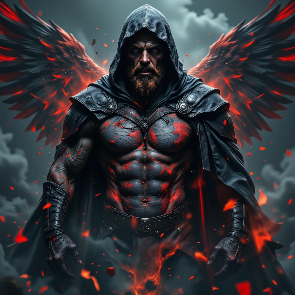 The name "CROW" overlayed.
Prospect: A warrior bodybuilder with black crow feathers covering in patches on his body. He has a muscular dadbod and a beer belly. The warrior sports a bushy brownish red beard. Parts of his body and arms covered in black feathers. The warrior body builder dons a large hooded cloak made of black feathers and black armor. Hood on. Intimidating snarl with glowing eyes. Posed dynamically.
Silhouette: Huge black and red crow. Cosmic dust and floating particles. Close-up, colorful, dynamic poses, dynamic contrast ,silhouette intensity strong, double exposure, floating particle, high resolution, masterpiece, Depth Of Field, image fill, super detail, UHD, Hyperdetailed, Hyperrealism