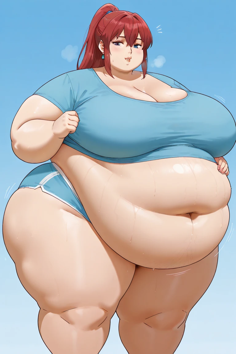 (photorealistic painting art, professional foto, 4K:1.0) Yoko Littner, (face detailed), (standing alone), very wide body, ((beautiful detailed background)), curved, very fat, Broad Hips, huge ass, thick and smooth thighs, very fat flabby arms, realistic lighting, high détail, qualidade hd , face detailed, realistic shading, fat rolls, tamanho huge ass, gigantic huge ass breasts overflowing with fat, decote huge ass, heavy, plus size, everything is fat, soft texture, beautiful big eyes, semi-realistic, dynamic angle, pattern clothes, ssbbw, ver very heavy body, fat belly rolls, bulking, weight gain, mukbang, bbw to ssbbw, bikini and thin leather shorts like her original outfit, VERY LARGE BODY