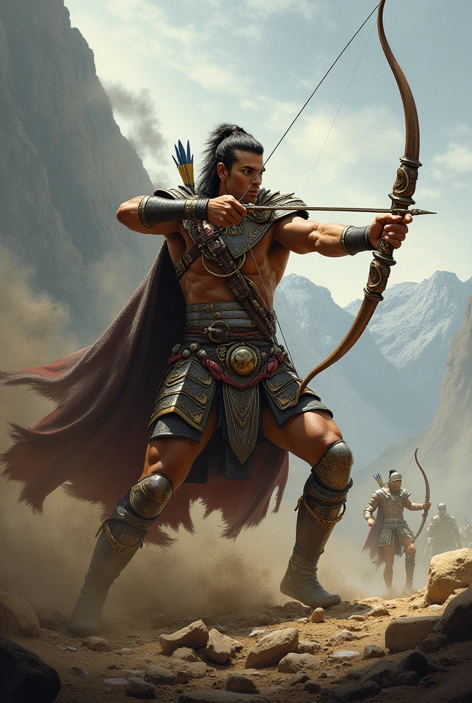Create an image where a warrior is presented returning to his beautiful village where there is an unknown silence in air due to horror of a sorcerer