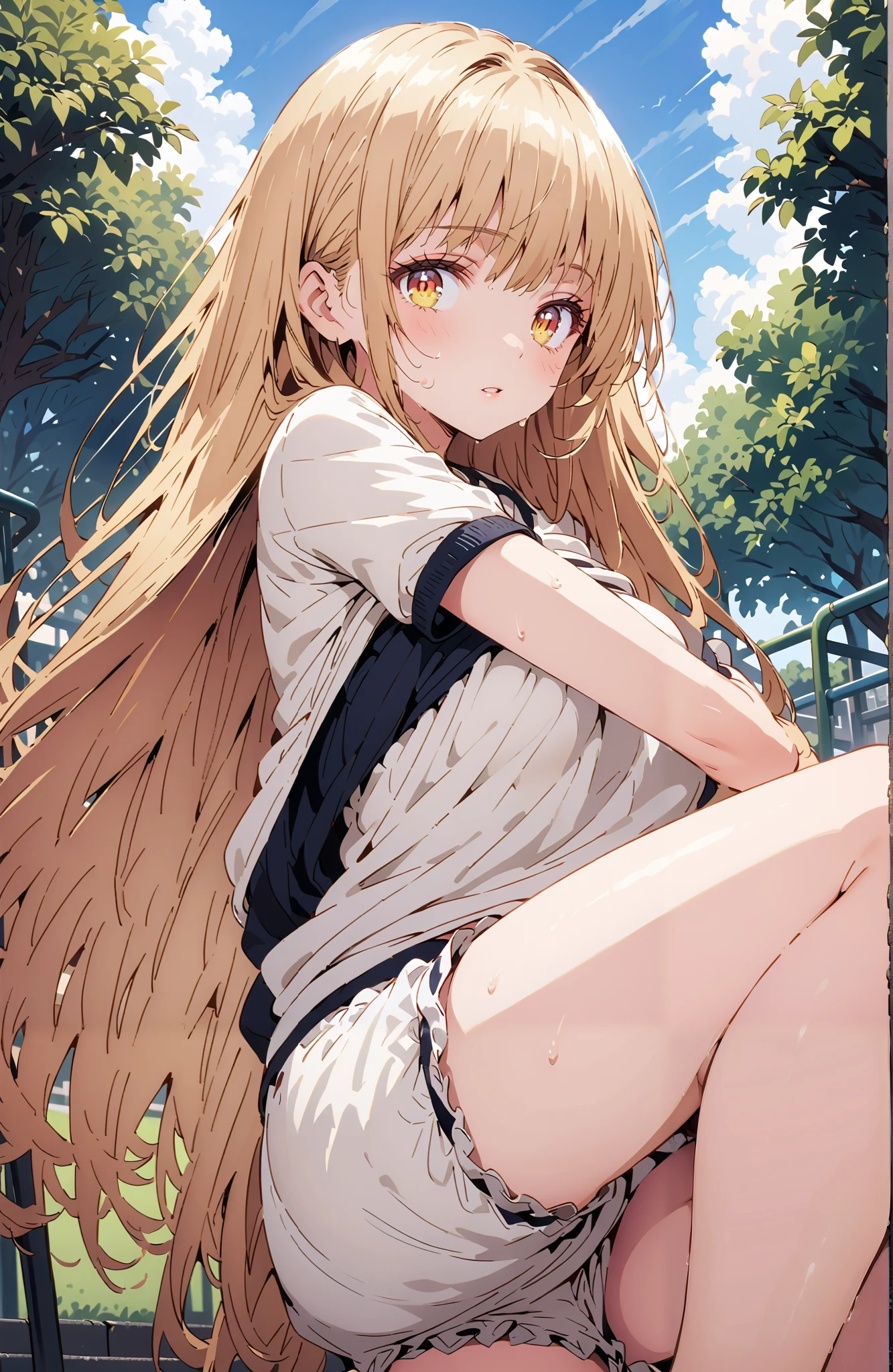realistic image, coherent image, detailed image, 1 beautiful girl. She has blonde hair, long thin hair. Caramel eyes, long eyelashes. Her face is oval and delicate. She is wearing an oversized t-shirt. bare legs She has a curvy body, medium breasts and thick thighs. sitting cross-legged, flower petals falling around her. view of her full body. black background, uniform background. ambient light, volumetric light,