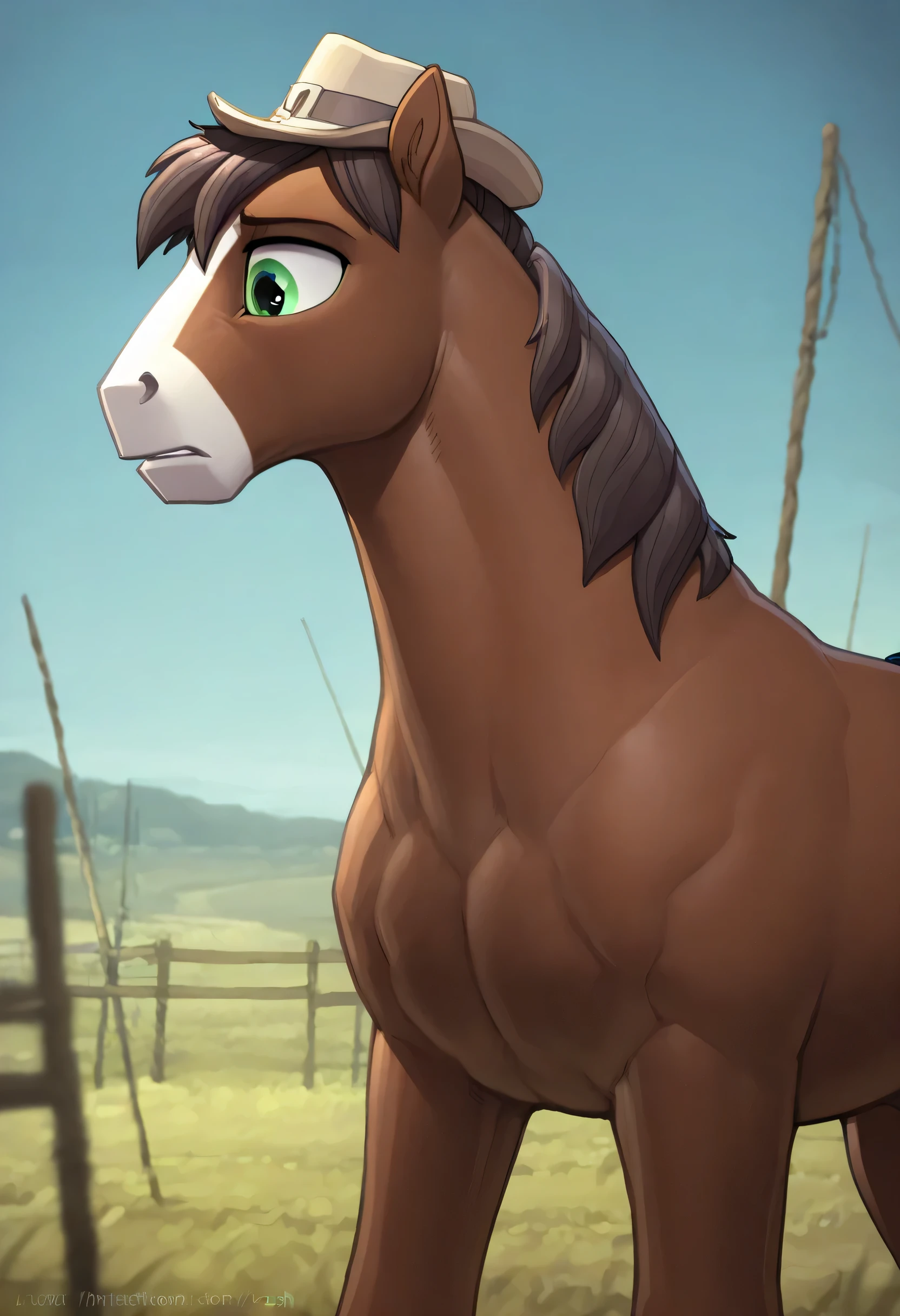 (soft shading, 4k, hi res, detailed face, detailed, Best quality, masterpiece, detailed anatomy, detailed eyes, perfect hull, perfect face), by Zaush, 1male, solo, Feral, My Little Pony, Stallion, Horse, TroubleShoes, adult, brown furs, green eyes, hat, muscular body in the field