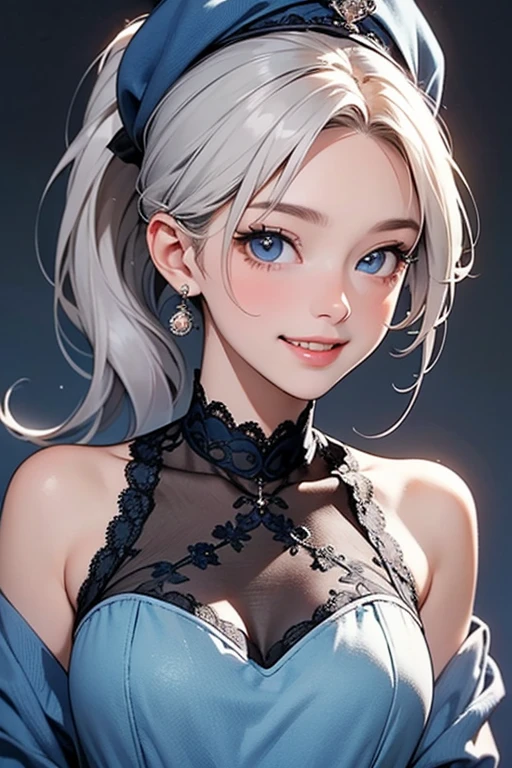 (masterpiece: 1.2, highest quality), (Actual Photos, Intricate details), 1. woman, alone, Upper Body, casual, Shoulder-length hair, Minimal makeup, Natural materials, Face close-up, smile, Home, Gray Hair, blue eyes, Shoulder Bare、ponytail、Swimwear、