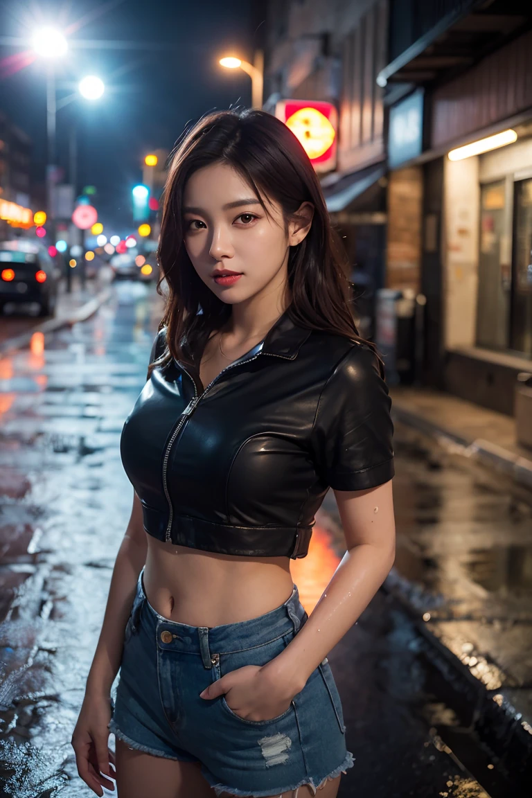 Tifa rockhart, black leather jacket:1.2, best quality, high resolution, masterpiece, high detailed, 32k, cinematic lighting, in the rain:1.2, wet floor:1.2, on the street, look at the sky, droplet on her face and skin and clothes:1.2, city light, upper body  shot:1.2, depth of field:1.2, look sad:1.2, standing, wet clothes:1.2, face detailed