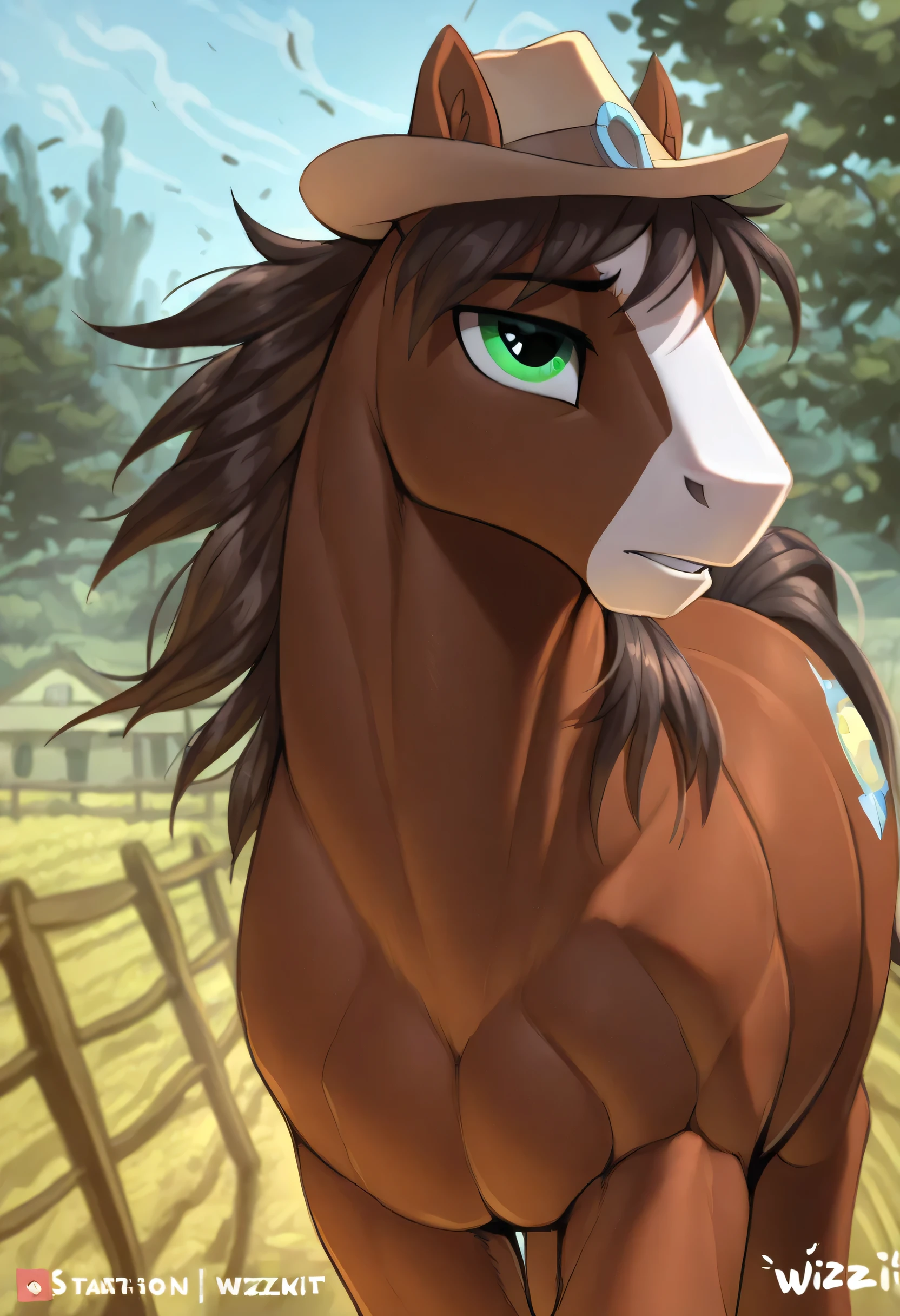 (soft shading, 4k, hi res, detailed face, detailed, Best quality, masterpiece, detailed anatomy, detailed eyes, perfect hull, perfect face), by Wizzikit, 1male, solo, Feral, My Little Pony, Stallion, Horse, TroubleShoes, adult, brown furs, green eyes, hat, muscular body in the field