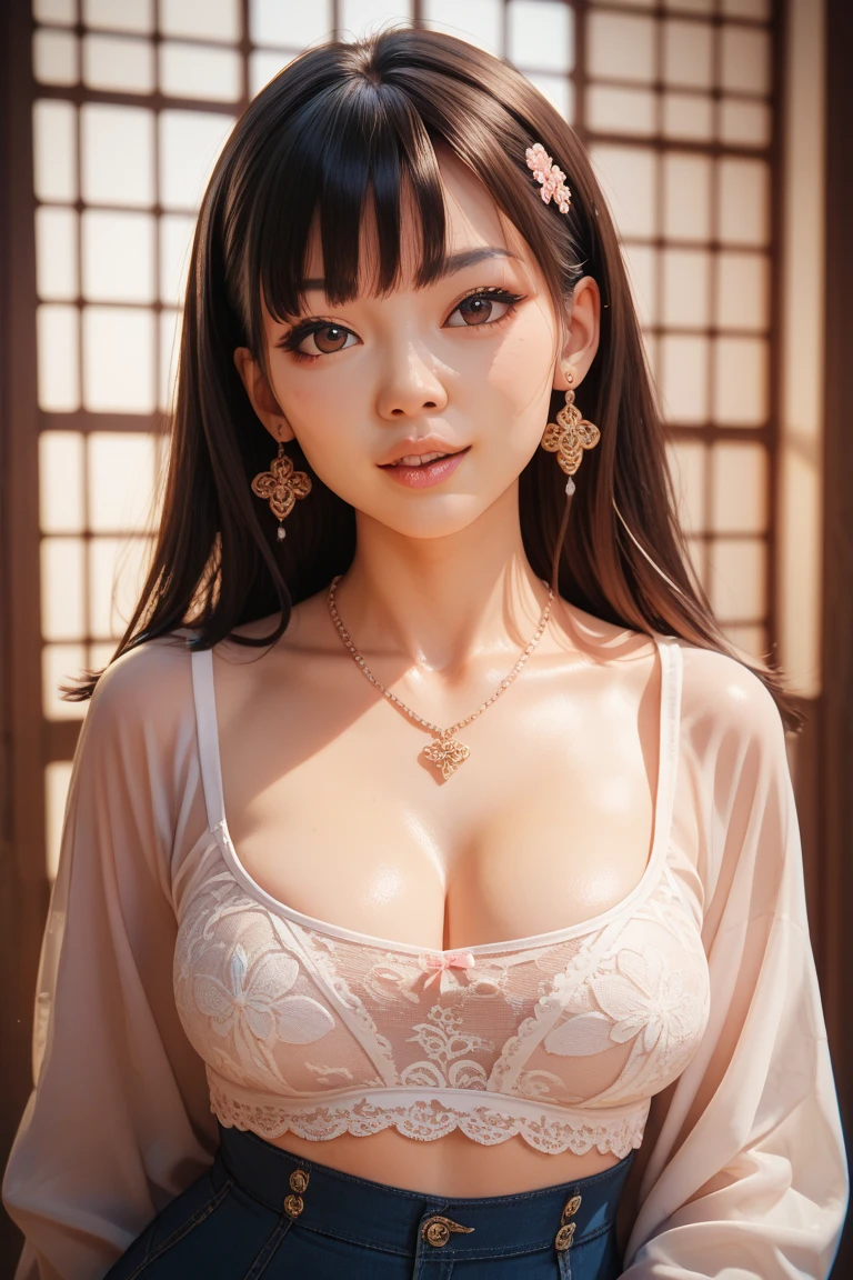 a 20 years old Burmese Mon ethnic girl, wearing traditional dress gracefully, she is georgeous, gazing outside being in a royal bed chamber, her hair is brown, with sharp eyes and big boobs, escorting by several concubines, ancient bagan era background.