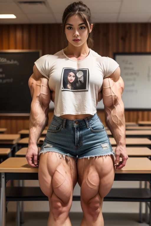 woman in a short skirt and high heels standing in front of a chalkboard, muscular girl, massive legs towering over you, strong and imposing, strong pose, feminine and muscular, very beautiful. big muscles, exaggeratedly large physique, exaggerated physique, muscular ultraviolent woman, incredibly strong and tall,