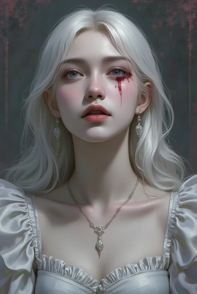 a girl with pale skin and white hair with gray undertones, wearing a crown of thorns from which small drops of blood trickle down her forehead, her eyes completely dark with an empty expression and a faint smile on her face, wearing a short white dress that reaches her knees, several silver roses adorn her body while sharp-thorned vines resemble necklaces wrapping her hands and waist, in a ruined church with cracked walls and broken windows, allowing in a timid light, next to an altar holding a cross adorned with various roses, an overall melancholic and mysterious atmosphere, emphasizing the loneliness and contrast between the girl's beauty and suffering