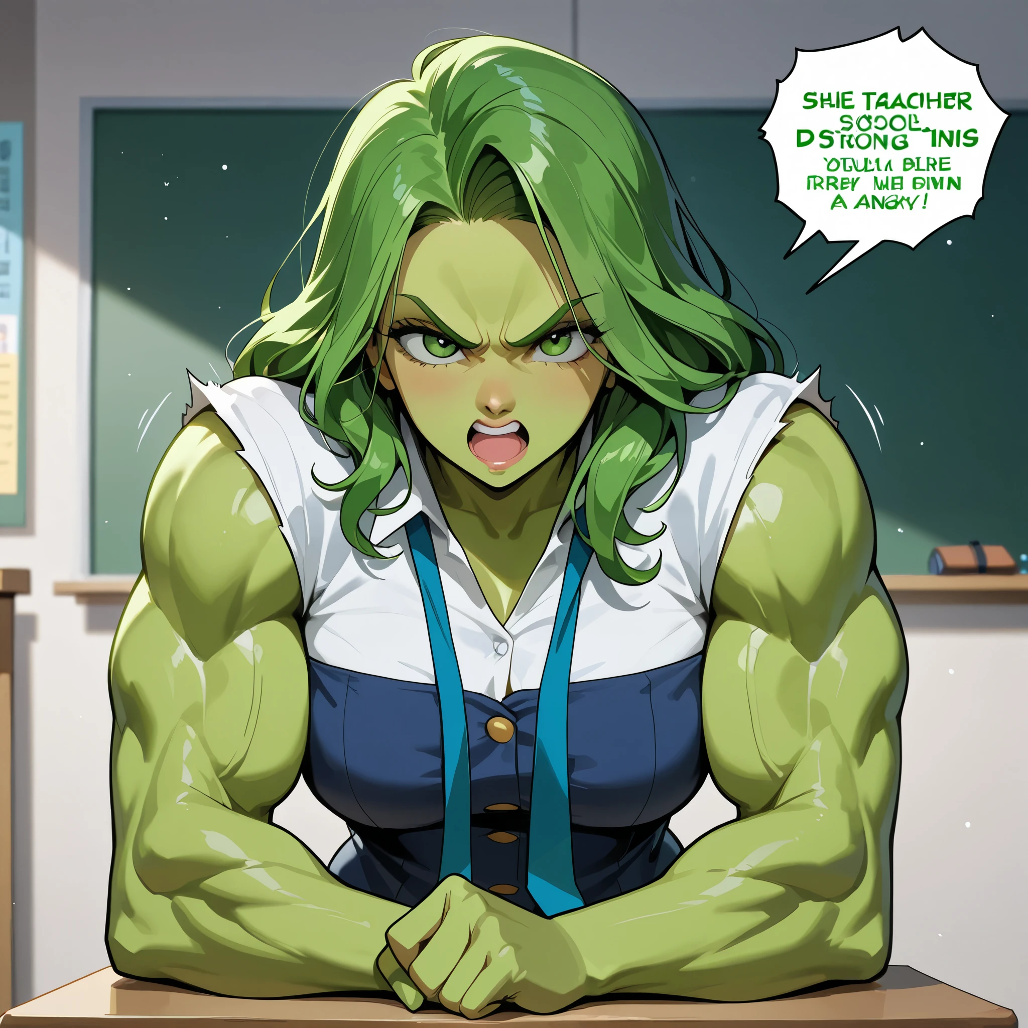 ,(girl),green skin,muscular female, biceps,abs,alternate muscle size,green skin, blonde hair,office lady,muscular ,illustration,best quality,abs,muscular thighs