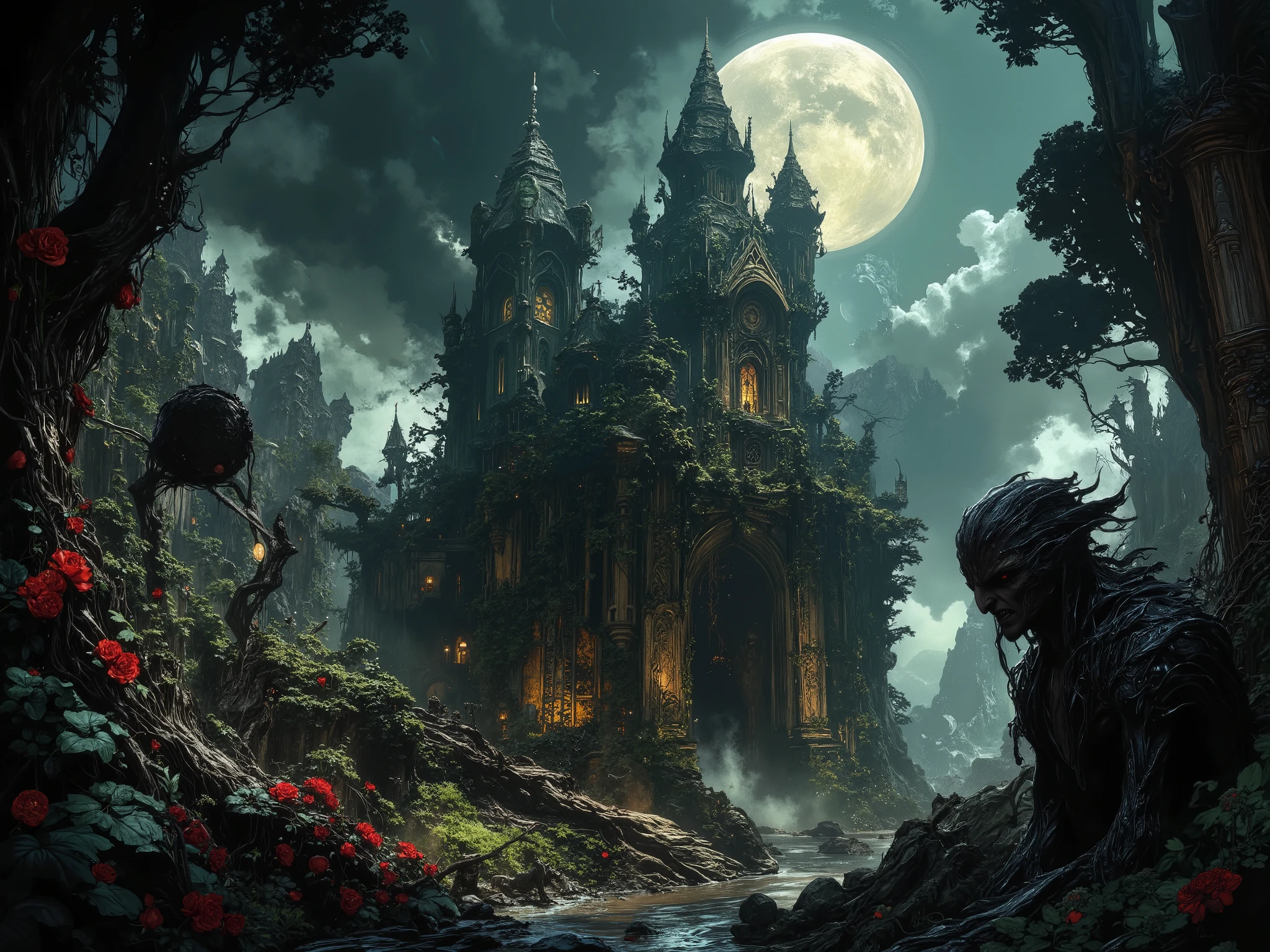 A beautiful gloomy and sinister necromancer's castle, overgrown with wild black roses and full of undead servants and monsters, huge full moon on the background, in the distance a wild dense bushy forest, night, fantasy, landscape, high resolution ,gothic dark romantic atmosphere, dark tones, wallpaper, high detail, dramatic, dark fantasy