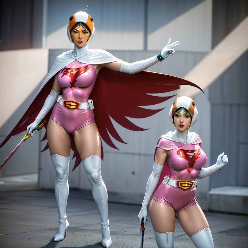 ANI_CLASSIC_jun_gatchaman_ownwaifu,1girl, 15 years old,good anatomy, masterpiece, best quality,realistic, hyperrealistic, 16k hdr,breasts,green eyes,lips,large breasts,lipstick,makeup,gloves,cape,helmet,belt,elbow gloves,white gloves,mask,ultra miniskirt,leotard,spacesuit,white tight overknee highheels boots,pink dress,superhero,bodysuit,cleavage,erected nipples,((standing pose,spread legs, arms up straight)),cameltoe