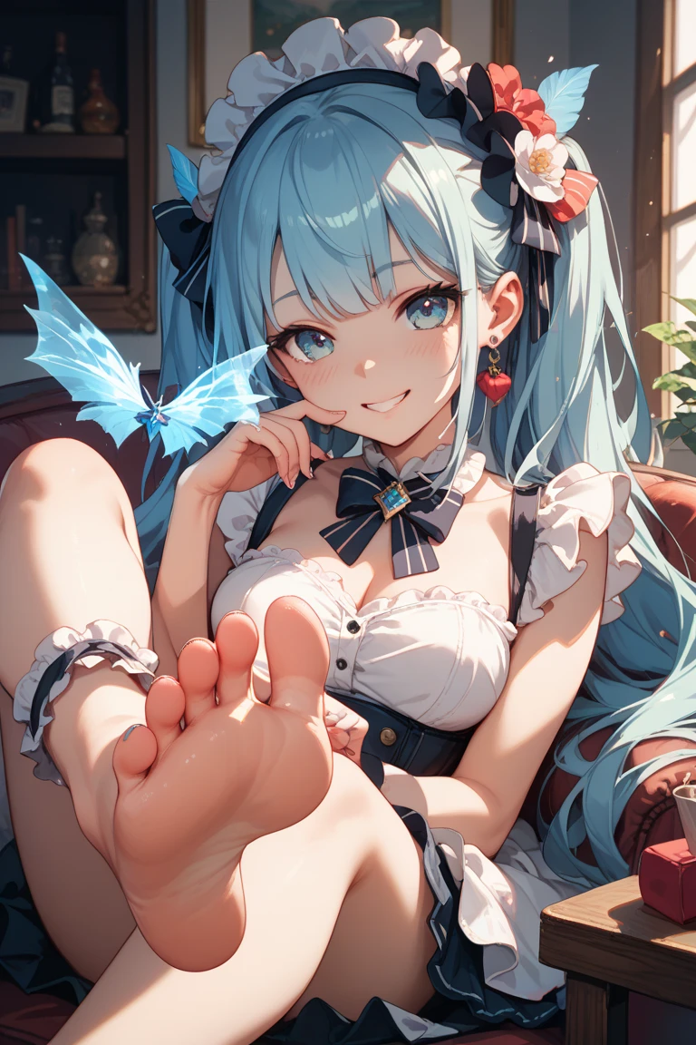 (((close up foot))), A little fairy girl is playing a prank, (Flapping its wings, it floats in the air)、(Aerial), (I look up at the girls from the ground.)、(The girls who surrounded me and hugged me)、((A laughing smile)), (Pixie)、(Butterfly on the back々Feathered)、Very little fairy、((Little fairy))、low length、(thin)、(( girl))、(Transparent fair skin), (((child girl)))、Wavy、(Blue Hair)、ponytail、Red scrunchie、((Forehead))、Big eyes、Grey Eyes, (Micro Bikini), ((Angle from below1.5)), light pink tights、navel、(Thighs), crotch、foot, ((kicking)), (Angle from the bottom of the girl), (In the woods)、((Kick the penis))、1boy, ((Cast magic on the penis))、((lying big boy)), ((penis)), ((eject cum)), (((footjob)))