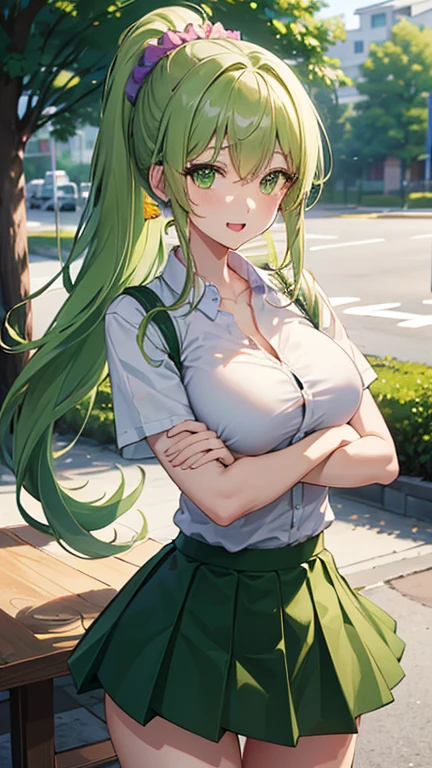 best quality, masterpiece, covered erect nipples, 1girl, Mion Sonozaki, green hair, green eyes, ponytail, white shirt, red necktie, yellow vest, red skirt,