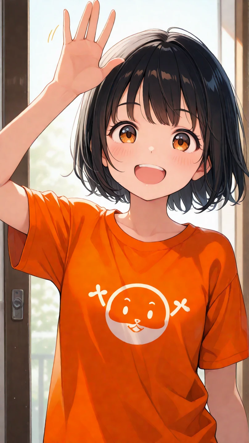 1girl in(((Laughing)))、Reaching the climax:1.3, short-cut、masutepiece、Bottoms are randomly generated、( Tangerine illustration printed shirt )、brown dense hair、GI Cut、Background bokeh:1.5