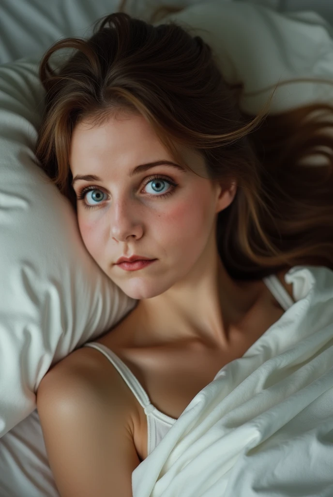 Portrait of a angry 18yo blonde Russian teen laying in hospital bed. Close up. Hospital gown. Cleavage