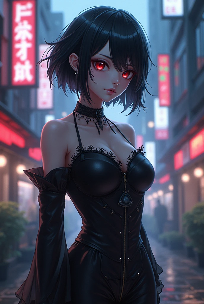 Short hair anime girl in black clothes with big tits