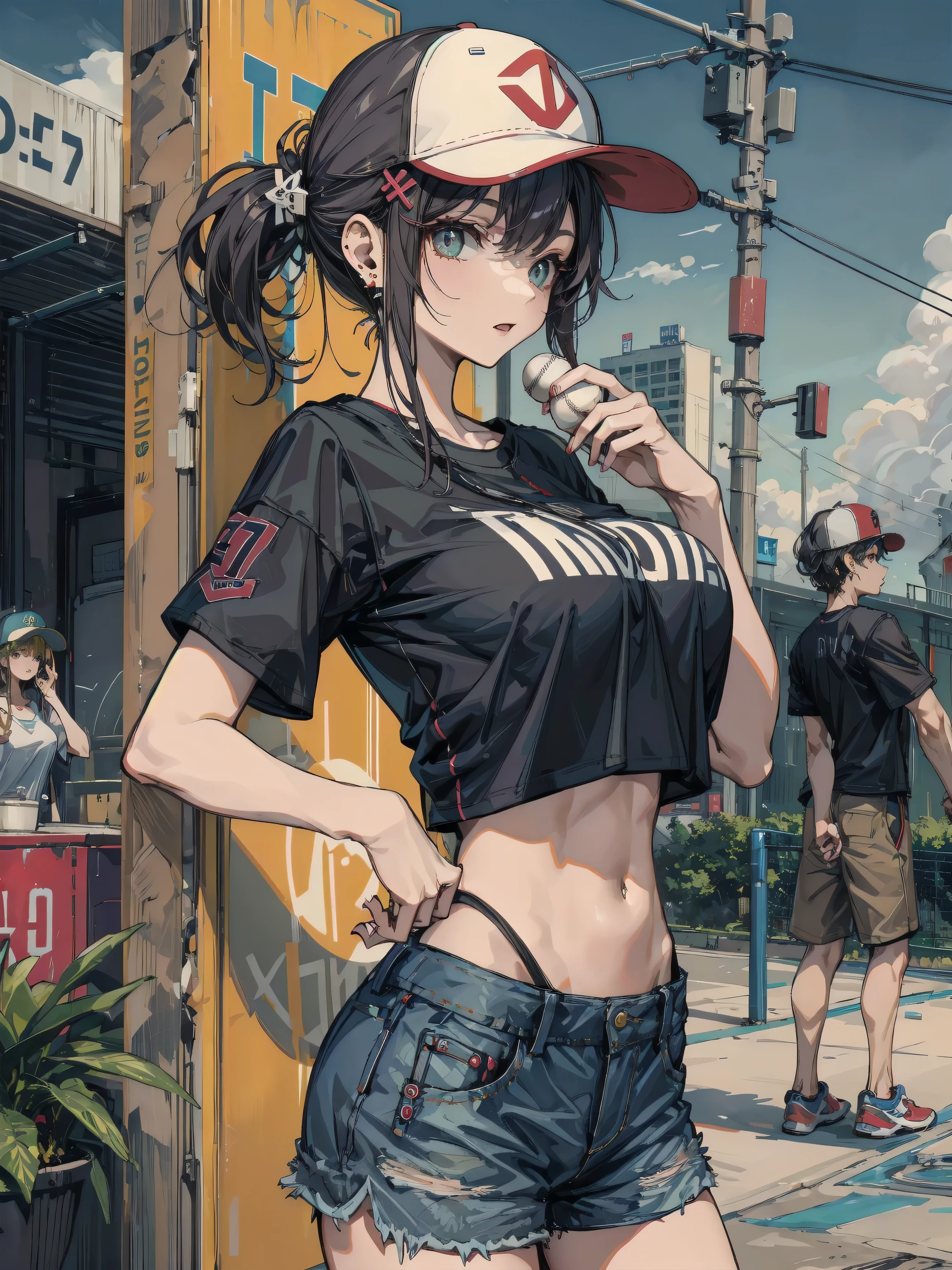 A woman wearing full-zip shorts eats a tlayuda at a taco stand Jeans have a belt Belly button piercing With side slits Big Ass Upper body naked