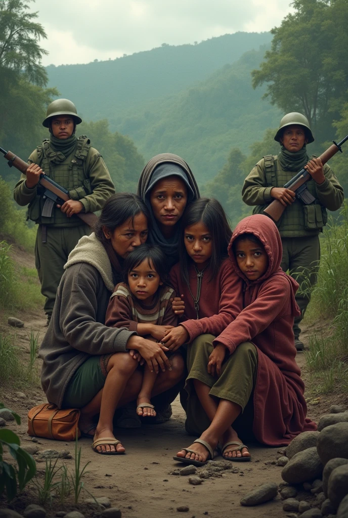 The sad nuances of hunger are set against the backdrop of war between groups of people., farmer, laborer, mothers, grandmothers and children in shabby clothes in a country and there is a shabby Indonesian flag