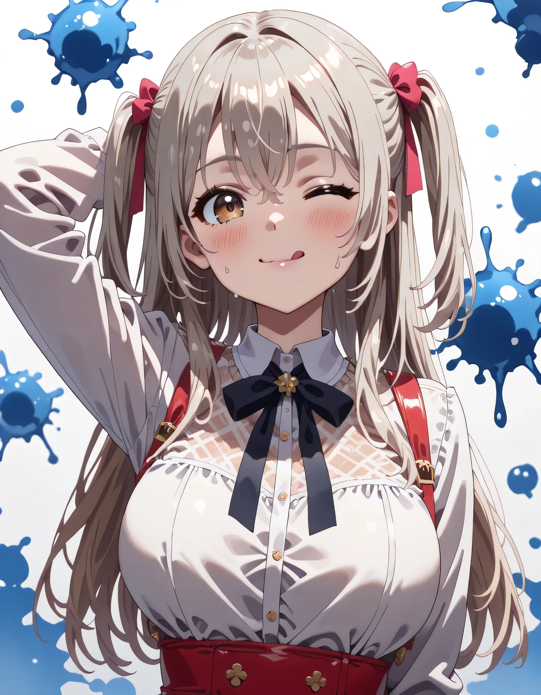 ((ultra-detailed)), (highly detailed CG illustration), (best quality:1.2), ultra-highly detailed, colorful composition, artistic photoshoot, 1girl, solo focus, ((upper body:1.4)), moe anime character, age girl, dainty facial structure, (baby face), (round face), ((rounded chin:1.2)), celia-default, celia claire, (blue eyes), ((silver hair color)), ((two side up hair)), ample breasts, Shirt, long sleeves, dress, ribbon, white shirt, collared shirt, belt, neck ribbon, red dress, blue ribbon, pleated dress, gray dress, two-tone dress, red belt, licorice uniform, ((:q)), ((licking lips:1.4)), ((one eye closed:1.4)), ((blush:1.4)), ((sweat:1.4)), ((arm is placed behind the head:1.4)), ((looking viewer)), ((blue splash background)), from front, best quality, masterpiece, expecting, pink cheek, blush, light pink gloss slip, portrait, depth of field, soft lighting, sidelighting, (shine), lighting, caustics, ray tracing, smile, perfect face, lustrous skin, highly detailed face, highly detailed eyes, perfect face, perfect nose, perfect hair, perfect eyes, perfect anatomy, beautiful hair, beautiful small face, extremely detailed face, beautiful detailed eyes, beautiful clavicle, beautiful body, beautiful ample breasts, leavage, breasts squeezed together, equalize the size of the left and right breasts, beautiful thin thighs, beautiful legs, beautiful fingers, 4 fingers, 1 thumb, lovely, (very detailed background:1.0), (highly detailed background:1.0), spring aesthetic, intricate details, joyful atmosphere, spring colors palette, chromatic aberration