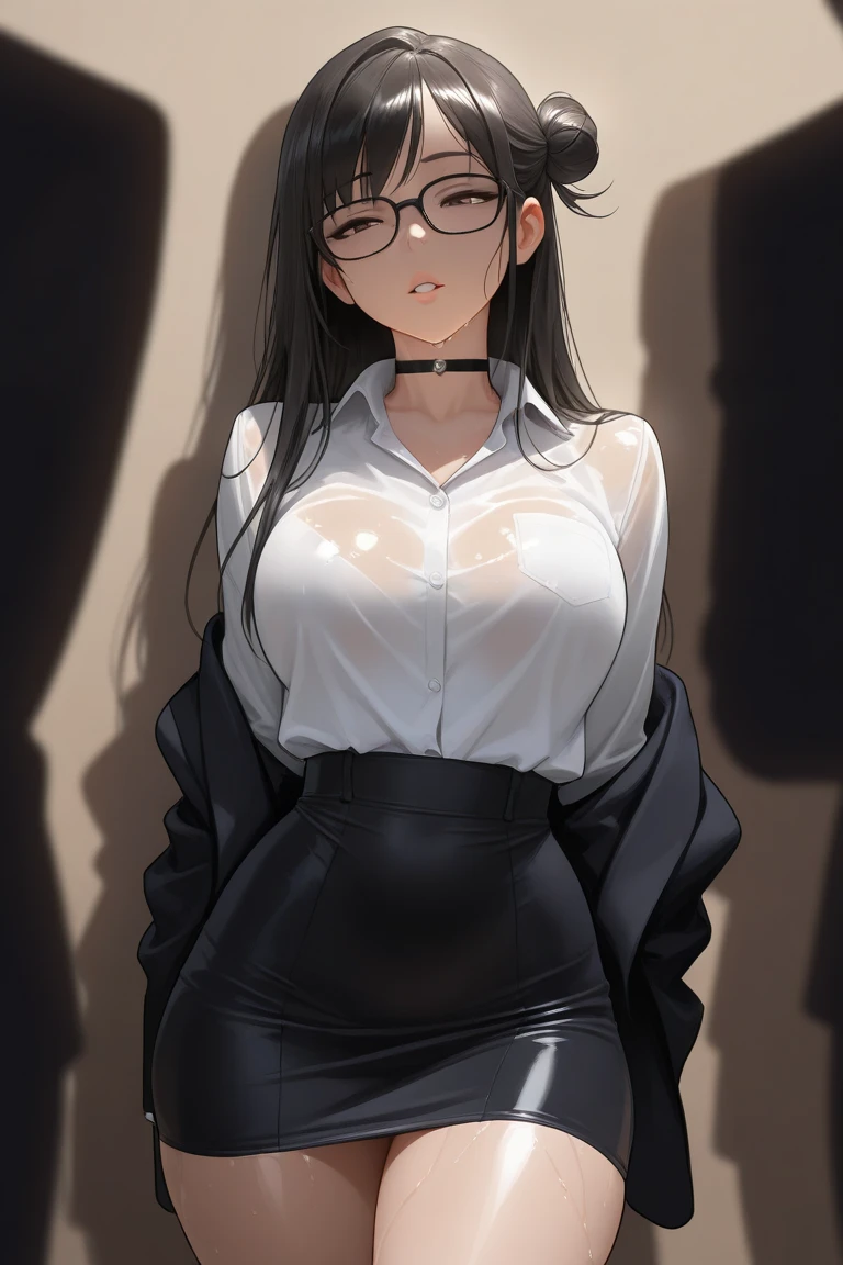 BREAK (masterpiece:1.2), best quality, high resolution, unity 8k wallpaper, (illustration:0.8), (beautiful detailed eyes:1.6), extremely detailed face, perfect lighting, extremely detailed CG, (perfect hands, perfect anatomy),school,hallway,desks,windows,tables,teacher,long haired,ponytail,glasses,hair between eyes, big green eyes, white blouse,cleavege,neckline,unbutton blouse,nipples see through,skirt,brown skirt,pantyhose,