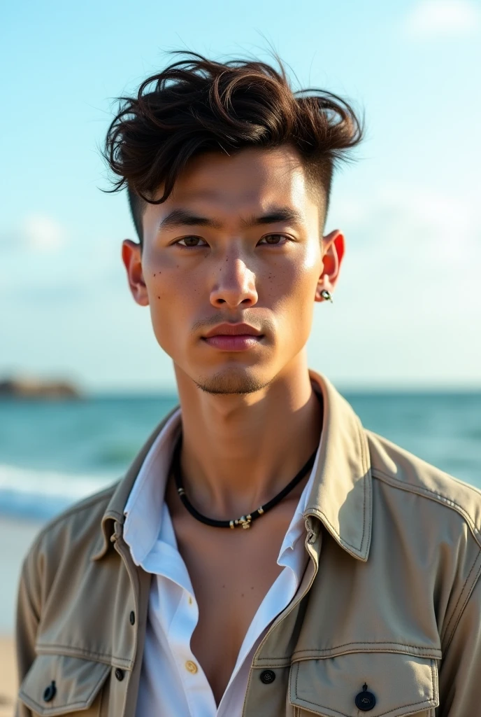 RAW photo, a portrait photo of 25 y.o man masterpiece、well built、jefri nichol a javanese Male、Hot Guy、lite moustache, muscular、macho、wearing majapahit kingdom costume, gold head band, gold shoulder band, gold necklace, gold crown, hair bund, long-haired、Fade Cut、bodybuilder, Large body、low angles、Real texture、wear sarong batik,(high detailed skin:1.2), 8k uhd, dslr, soft lighting, high quality, film grain, Fujifilm XT3