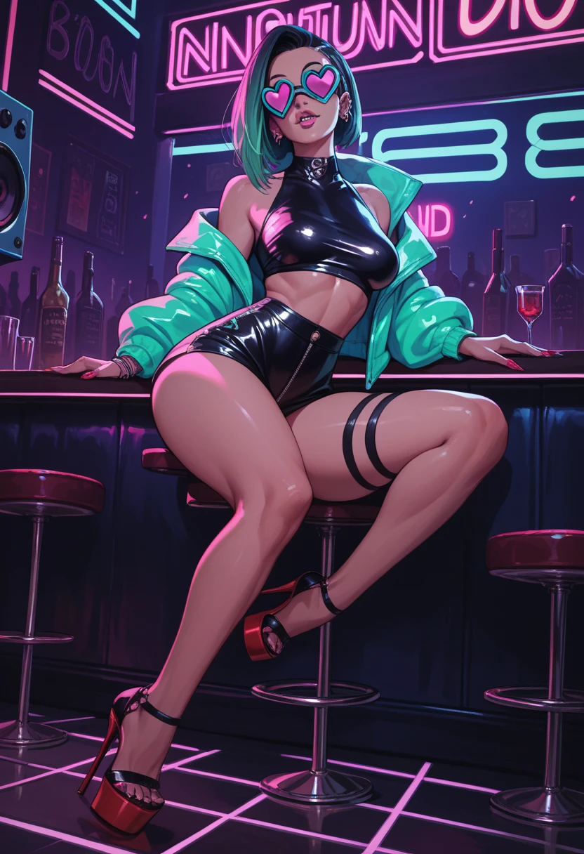 there is a woman in a black dress standing in a pool, night clubs and neons, blacklight aesthetic, neon light and fantasy, neon aesthetic, neon jacuzzi, virtual metaverse room, in a nightclub, cyberpunk strip clubs, ultraviolet and neon colors, with neon lights, 3 d neon art of a womens body, neon and dark, night club