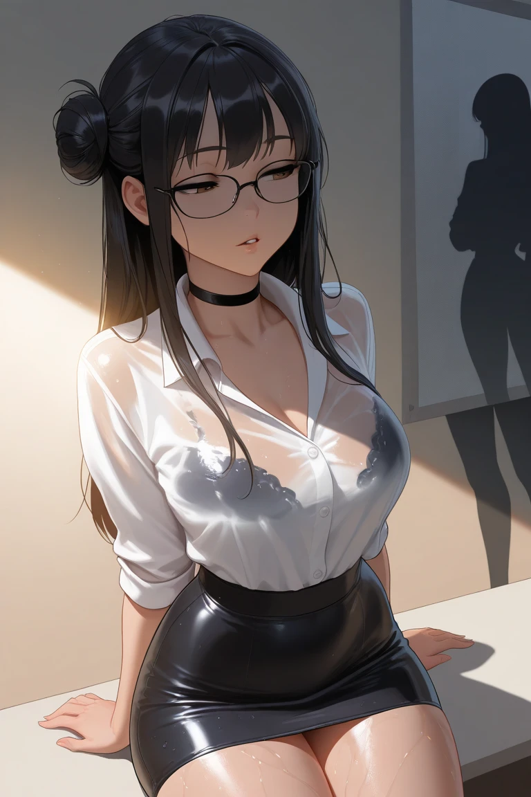 BREAK (masterpiece:1.2), best quality, high resolution, unity 8k wallpaper, (illustration:0.8), (beautiful detailed eyes:1.6), extremely detailed face, perfect lighting, extremely detailed CG, (perfect hands, perfect anatomy),city,street,night,wet road,reflections on road,mist, city lights,teacher,long haired,black hair,ponytail,glasses,hair between eyes, big eyes, blue eyes,white blouse,cleavege,neckline,unbuttoned blouse,open blouse,medium breasts,lace bra,black bra,skirt,brown skirt,long skirt,pencil skirt,fishnet stockings,horny face,open mouth,black choker,upskirt,sitting on bench, spread legs,wide spread legs,camel toe,bend over to camera,from below,nipples see through,no panties