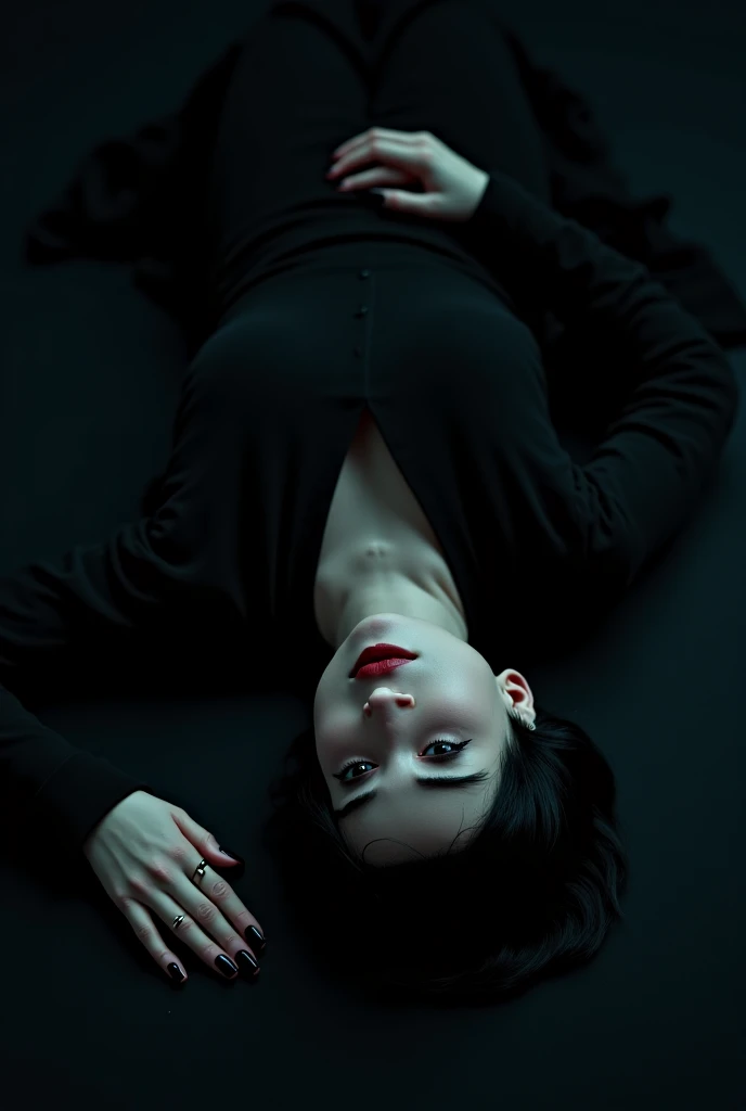 Maleficent is nude, laying on her back with her legs spread open, she is not quite human, yet not quite a dragon, her eyes are glowing a pale green, dark red lipstick, powerful,