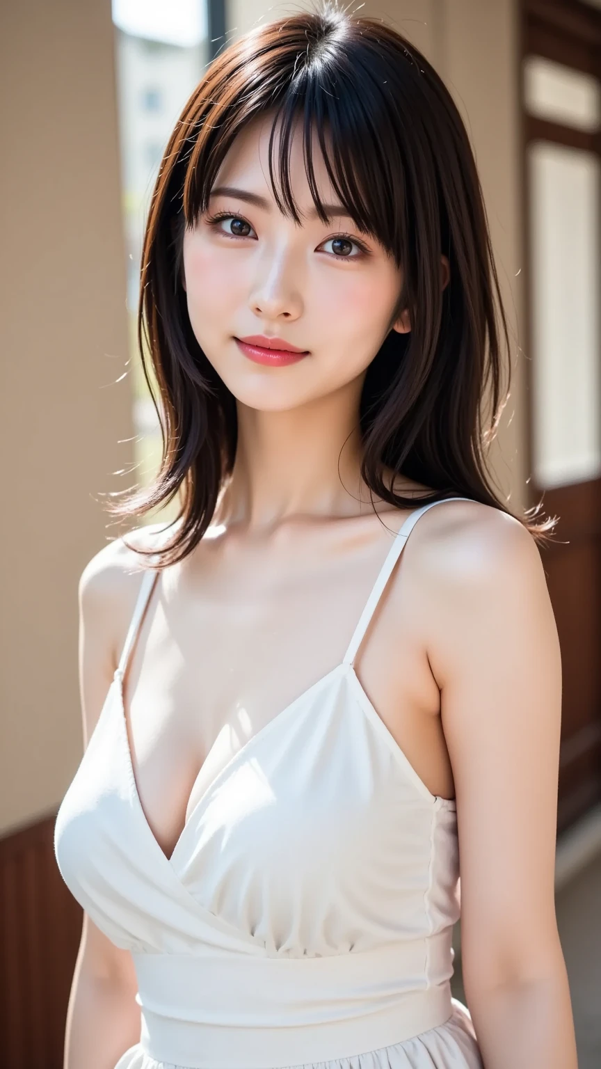 1 female,18-year-old,(Portrait in numbers:Mayu Yokota, Yuko Araki),black eye,Beautiful Face,(Thin skeletal surface+Delicate features、),非常にDetailed face,(Subtle Japanese Makeup), black eyelash curls for long hair,(Messy and multi-layered, With bangs), smile,Look at the camera,Fair and smooth skin,(Best Skin Type:1.21),(clavicle:1.2),Wearing a white swimsuit,,(Big Breasts),,Upper body photo,Narrow waist、Long legs,(Slim figure),street,((Hasselblad Photos)),surreal photos, Physically Based Rendering,Professional Lighting,Exquisite detail,Detailed face,The painting is pure,Perfect hands,Perfect Posture,Ultra Fine Make,Ultra-fine fiber material、Live Action、smile and stand up straight