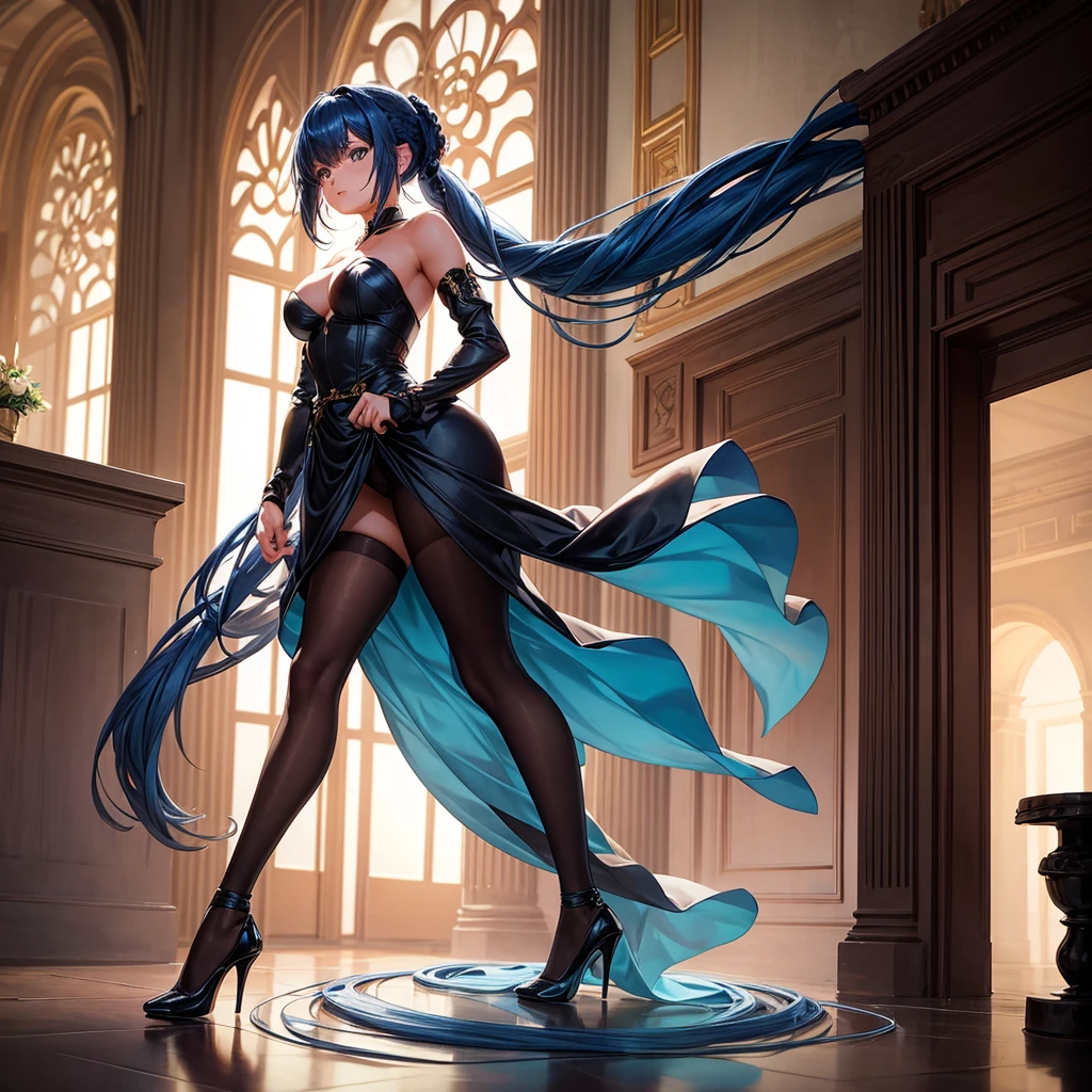 Black stocking beauty,a matural female,Blue translucent miniskirt,cabelos preto e longos,fearful expression,Tears in the eyes