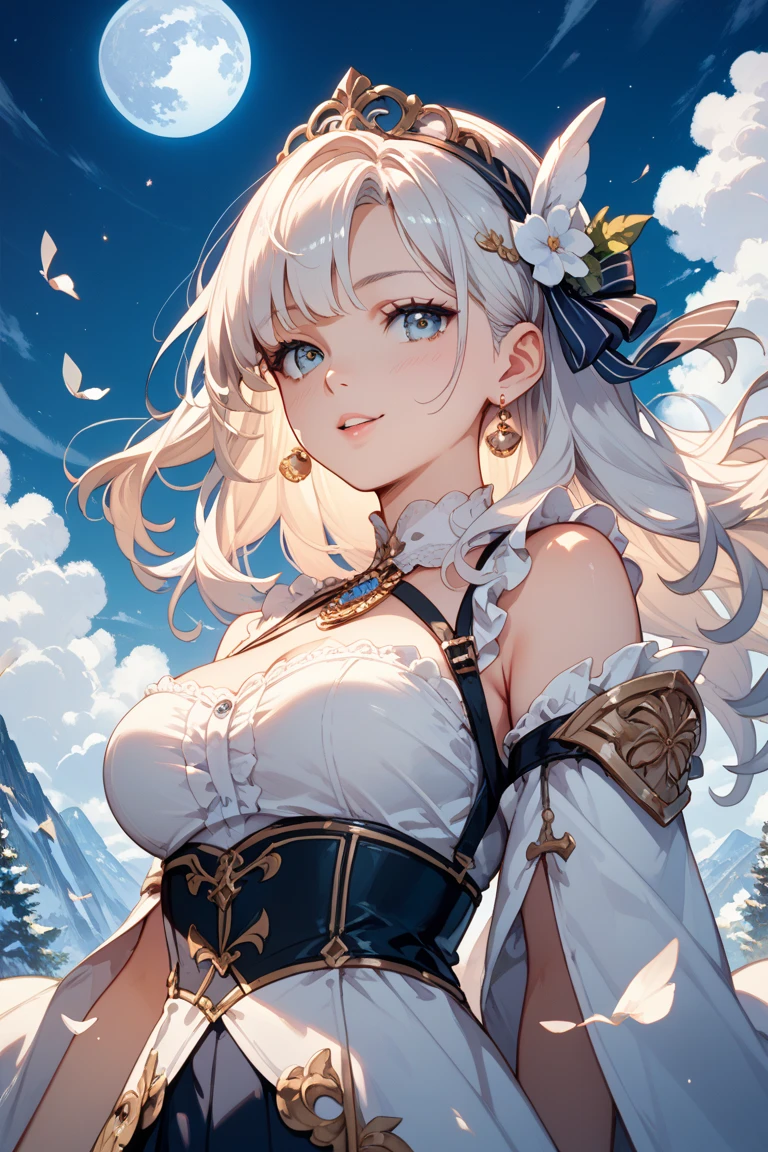 perfect eyes, elegant stance, happy, long white hair, yellow eyes, black tiara, mountain, clouds, epic, close shot, looking at viewer, parted lips, teeth, happy face, smiling, medium breast, cleavage, white dress, bare shoulders