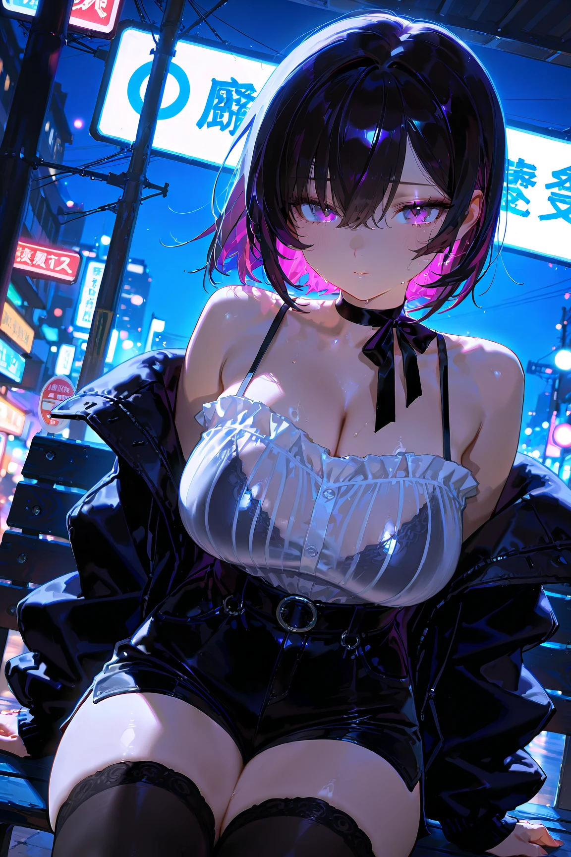best quality,4k,8k, highres, masterpiece:1.2), ultra-detailed, extremely detailed eyes, extremely detailed body, (large masterpiece digital art), (detailed manga illustration), (detailed line art), ((perfect anatomy)), (intricate details:1.3), (ultra-detailed:1.3), (illustration:1.3), (sharp focus:1.3), (natural lighting:1.05), (vivid colors:1.3), (masterpiece), best quality, expressive eyes, perfect face, 1 girl, breasts, cleavage, gloves, large breasts, cyberpunk clothes, black jacket, dark blue hair, very long hair, messy hair, green eyes, curvy physique, athletic build, alluring outfit, shorts, fighting stance, huge ass, cyberworld, cinematic lighting, dramatic atmosphere,