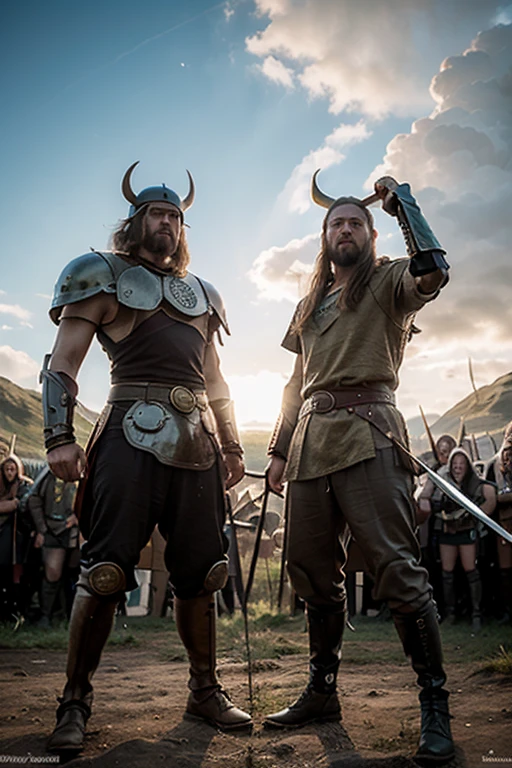 Viking Norse mythology battle showing Viking warriors and Valkyries, Thor, Odin, lobo fenir, Ragnarok