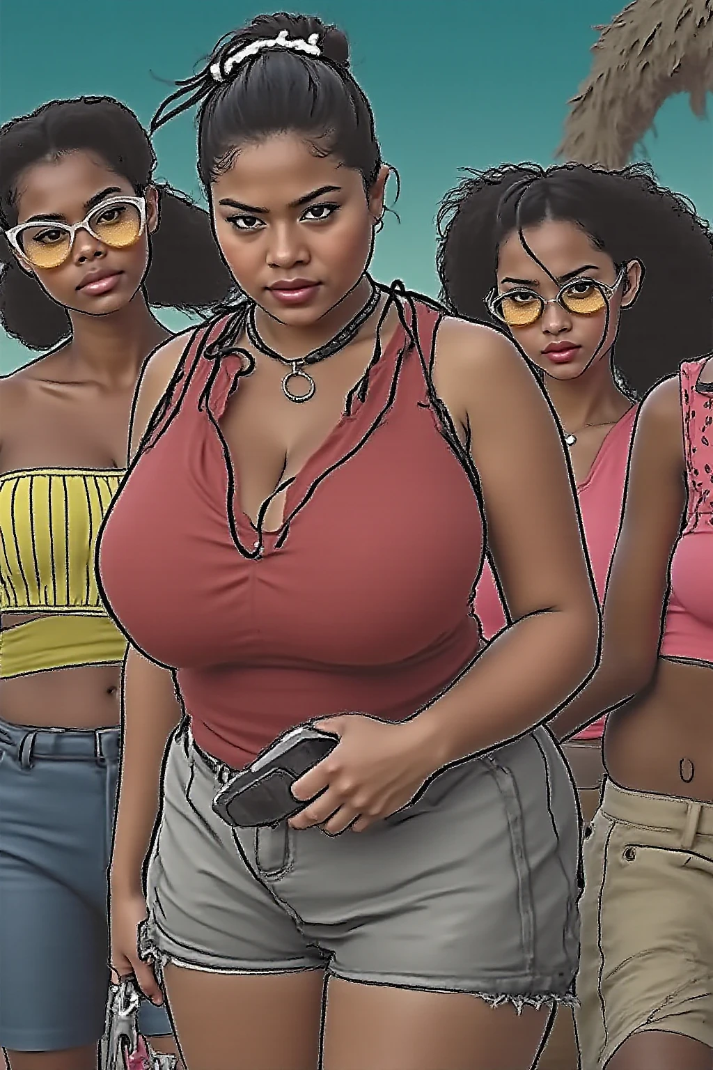 Sexy brown skin huge breast thick thighs attractive face female thick lips half open lips deep red lips serious face ponytail black hair short tight dress in shopping mall