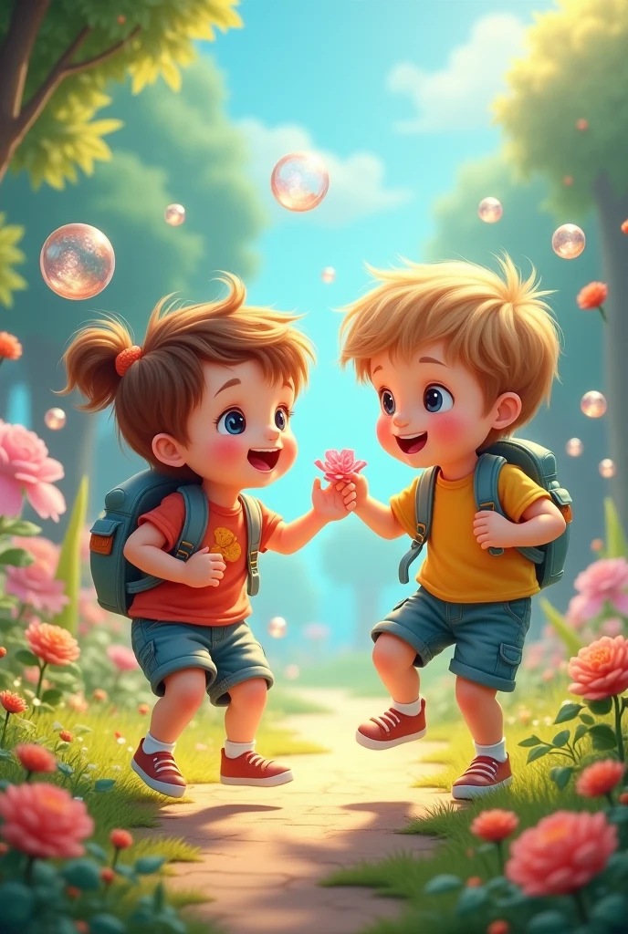 Need a 3D animation style-Max and Leo Restoring the Rainbow**: The two boys touch the rainbow with their small hands, sending it soaring into the sky, illuminating the entire enchanted forest with vibrant colors. The animals cheer around them.