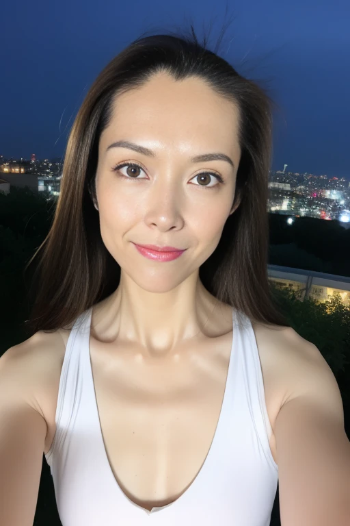 highest quality、master piece、超A high resolution、(hentel realism:1.4)、(real skin texture:1.3)、with panoramic view、porate、very wide angle lens、beautiful adult woman、Beautiful details down to the eyes and skin、small smile、long wet brown hair、small bust、large necklace、white high leg swimsuit,Please get it wet、rainの日に, You can see a bright night view from the roof of the building.、明るい夜のrain雲、rainの夜の街の明かり、rain、