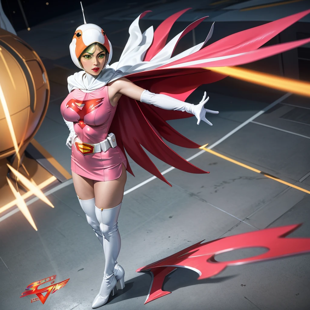ANI_CLASSIC_jun_gatchaman_ownwaifu,1girl, 15yo,good anatomy, masterpiece, best quality,realistic, hyper realistic, 16k hdr, long hair,breasts,lips,large breasts,lipstick,makeup,gloves,cape,helmet,belt,elbow gloves,white gloves,mask,ultra miniskirt,leotard,spacesuit,white tight overknee highheels boots,pink dress,superhero,bodysuit,cleavage,erected nipples,(jumping poses),cameltoe