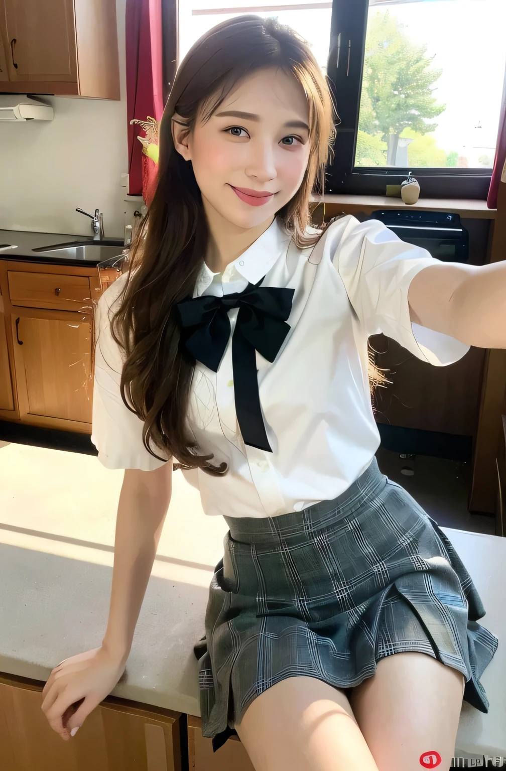 ((8k:1.27)、best quality、masterpiece、ultra high resolution:1.2),((((Photos of Beautiful Russian Women)))) (Comfortable:1.1) ((High School Girl Style Uniform with Checked Skirt and White Bow:1.21)) ((((Kitchen)))) Designed by Greg Rutkowski and Alphonse Mucha Exquisite Elegance、fantasy、details、geometry、gradient lighting、1 woman、Delicate Skin、 watch the audience、brown eyes、( long flax-colored hair:1.2)、(photorealistic:1.4)、(best quality:1.0)、(ultra high resolution:1.0)、(Hands-free:1.0)、8k、 RAW photos 、 (Representative Song: 0.2), (pure eros face_v1:0.5)、Lightweight short sleeves、(((Housewife)))、(((28 years old)))、 prank、schedule、Stir、Eyes that look like they want something、Inviting gesture、Etching Lip、Shortcut、 hair long 、((smile))、((((selfie))))、((No seams)),(Teeth are visible),(Old-fashioned face),((legs on the side of the pink bed are open)),((side)),((((fat)))),((eyes)),((Long neck)),((has a big nose)),((My eyes are sluggish)),(sideの下が見えている),(((blouse))),(((morning))),((( in the price))),(((Hemp Everyday Wear))),(((big window))),(((concrete room)))(((Incredibly long hair))),((( muscles))),(((announcer)))