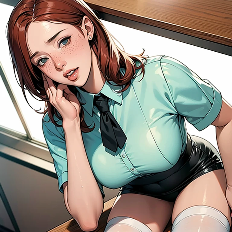 NSFW, a full body photo of a stunning redhead woman with messy hair, (unbuttoned white transparent blouse), smiling, green eyes, flirty, sits in a coffee shop, short black skirt, messy bun, camera from above, voyeuristic, intimate, soft light, warm glow on her face and body, computer, focused, skin and hair, soothing, high-detail skin texture, (freckles:0.5), hdr, partially exposed, spread legs, green panties