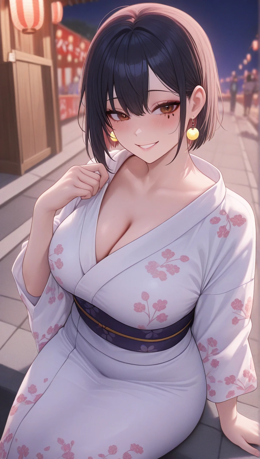((((masterpiece, best quality, high resolution)))), Extremely detailed 8K, Beautiful girl with voluptuous body, (Ultra HD, Ultra-detailed, Highly detailed, Highly realistic, Ultra-realistic, photograph realistic), (1girl:1.5), (Realistic black hair), (short wavy hair, hair ornaments, earrings), (dynamic poses), facing at camera, looking at viewer, (blushing red, embarrassed, smile), (green eyes, sharp eyes), (big perky breasts:1.2), (beautiful detailed face, beautiful detailed eyes), ((off shoulder fluffy yukata)), (detail pussy), (standing up), sweat, glow, (nightlight), ((cowboy shot)), firework festival, seductive