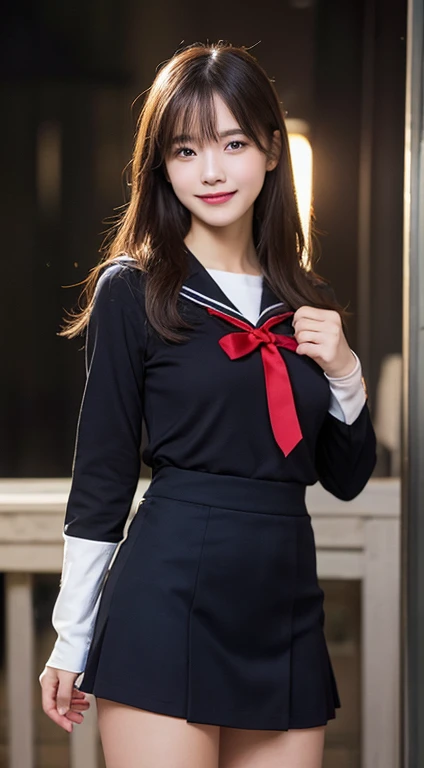 mix4, (16 K, Raw photography, Top image quality, masterpiece: 1.45), (realisitic, Photorealsitic: 1.37), one girls, 7.5, etc、Have a rifle、Random hairstyle、Standing figure,Noon time slot、cute little, Precincts of the shrine,, profetional lighting, photon maping, a park、physically-based renderingt, Gradient dark brown hair,, a handsome, Well-groomed and beautiful eyes、Large double eyelids、Very shiny、girl with, (((student clothes、Long sleeve sailor suit worn by Japan schoolgirl、red cuffs、Dark blue mini skirt, Small gray beret、Dark blue knee-high socks、Black loafers))), Top Quality Photos, hight resolution, 1080p, (clearface), (Detailed face description), (Detailed hand description), (masterpiece), (Exquisite CG)、extreme light and shadows、dishevled hair、master work、abundant detail、(Fine facial features)、(top quality photo)、(masuter piece)、(A detailed eye)、Look in front of you、Fine clavicle、((Slender big))、(((Japan schoolgirl in long-sleeved sailor suit)))、((Ready Idol System))、((Precincts of the shrine、torii gate、Tesuisha、Komainu))、(Shooting from random perspectives)、(((Anyway cute)))、耳Nipple Ring、A big smile、Drawing the whole body from the knees、Do not draw nasolabial folds、(((Long-sleeved sailor suit)))、(Big breasts that hang down big:1.2)、Big buttocks with tension、Two arms and two legs、(((from the front side:0.7)))、bare hand、No mask、Chest not exposed