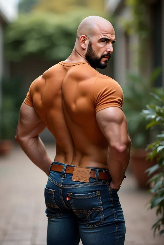 an incredibly handsome and attractive young man with big muscles, con bigote y barba corto, mustache, beard, Big muscular body , 40 years old with short dark blonde hair and light brown eyes., cuerpo completo, muy nalgon, angular jaw, Alto y muscular, vaqueros & Botas. Big Muscular body, ((big butt)) Naked blue white Jeans total backside crouched man