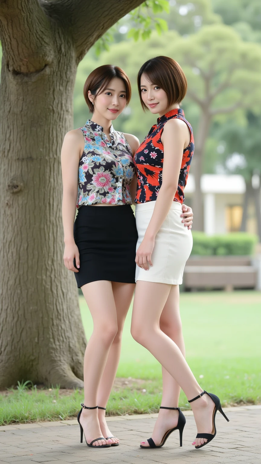 (Best quality, Masterpiece:1.2), 超高分辨率,  intricately details, twogirls，Mature face，Flesh-colored pantyhose，Flesh-colored high heels，Single ball head，largeeyes，Redlip，Heavy makeup，tightshortsleeve，Skirt that wraps hips，Chinese Garden，standing on your feet，Two women