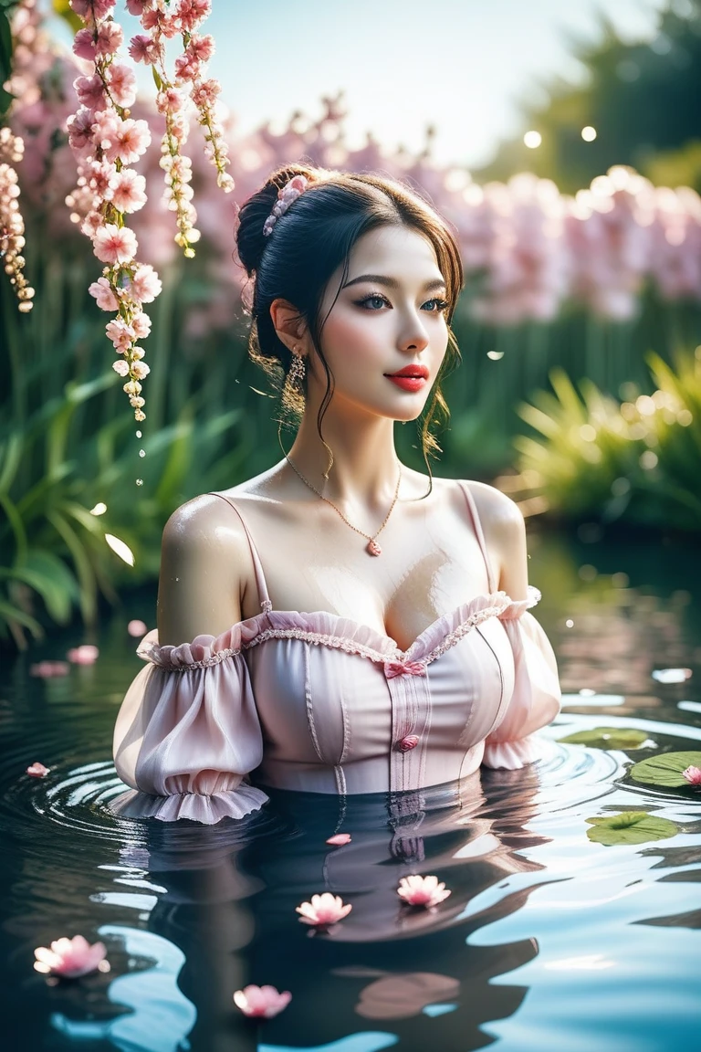 Asian girl, big breast, big boobs, round boobs, gigantic boobs, busty, voluptuous body, long legs, thick thighs, thick ass, best body proportion, show cleavage, major cleavage, show major cleavage, show legs, show major legs, show full legs, wear kimono, mini kimono, short kimono, off shoulder kimono, no underwear, no undies, no under garments,, naked, full body shot, haze effect, golden light, Sakura Blossom background, Sakura petals, black hair, long hair, makeup, shy, light smile, Hyperrealism, cinematic lighting, depth of field, ray tracing, reflection light, backlighting, bokeh, f/1.2, 135mm, Canon, UHD, masterpiece, anatomically correct, super detail, high details, high quality, award winning, best quality, highres, 8k